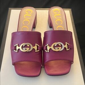 Gucci Women's Magenta Mules with Gold Accents